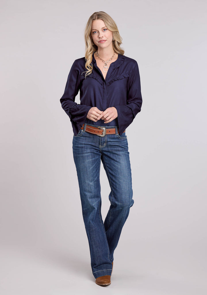 WOMENS LONG SLEEVE BUTTON NAVY SOLID RAYON PEASANT BLOUSE WESTERN SHIRT