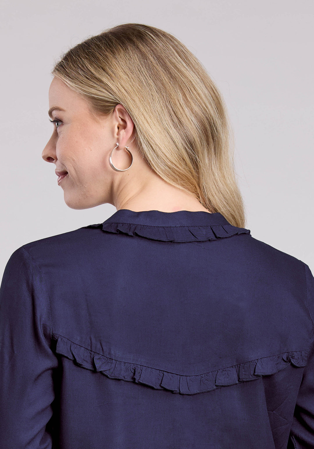 WOMENS LONG SLEEVE BUTTON NAVY SOLID RAYON PEASANT BLOUSE WESTERN SHIRT