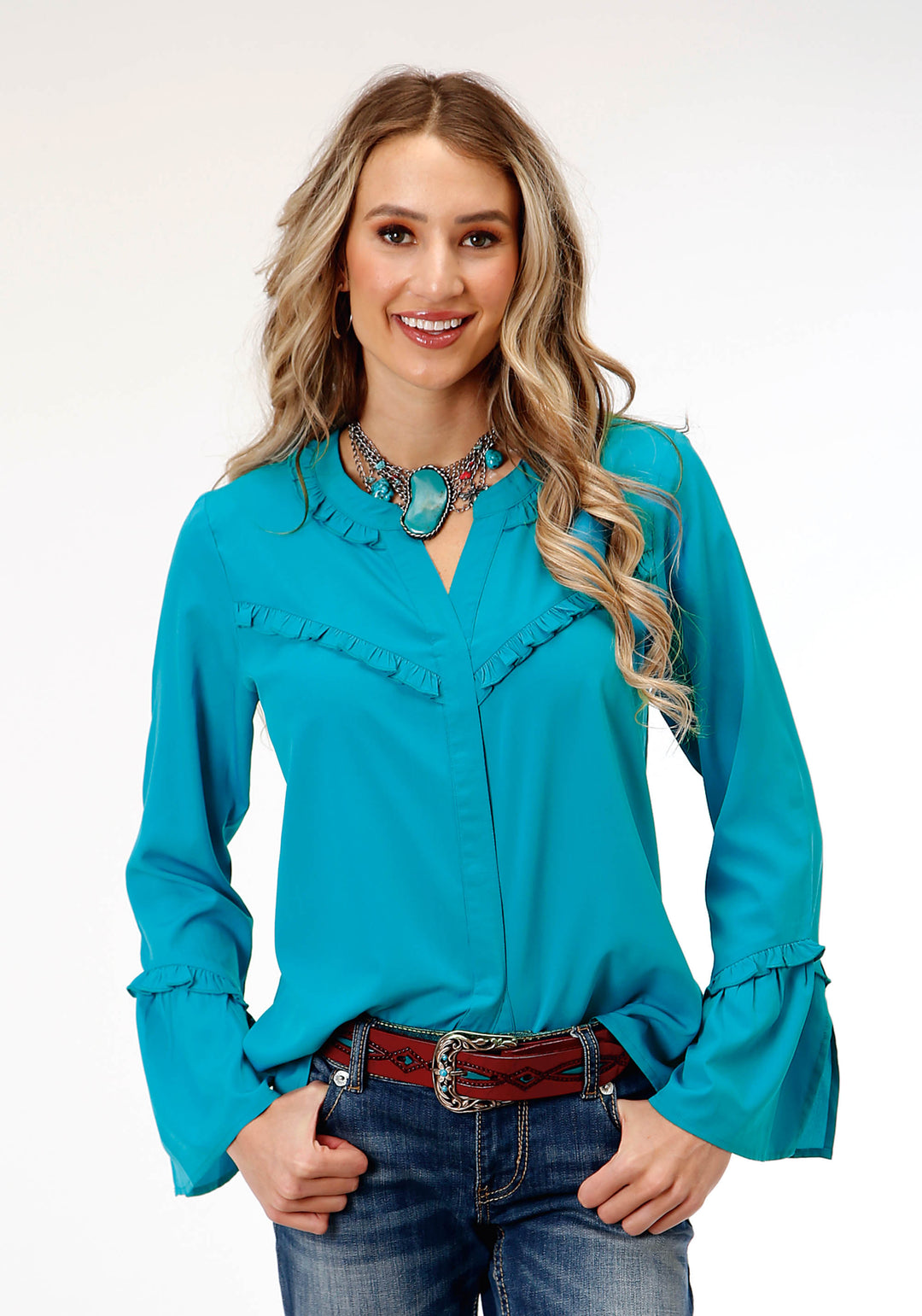 WOMENS LONG SLEEVE DK TURQUOISE POLY PEASANT  BLOUSE