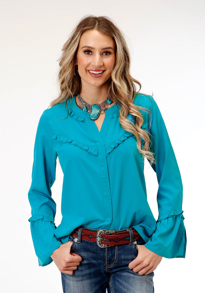 WOMENS LONG SLEEVE DK TURQUOISE POLY PEASANT  BLOUSE