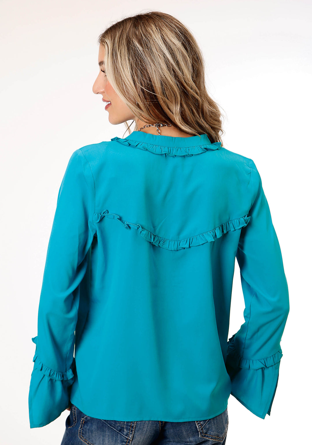 WOMENS LONG SLEEVE DK TURQUOISE POLY PEASANT  BLOUSE