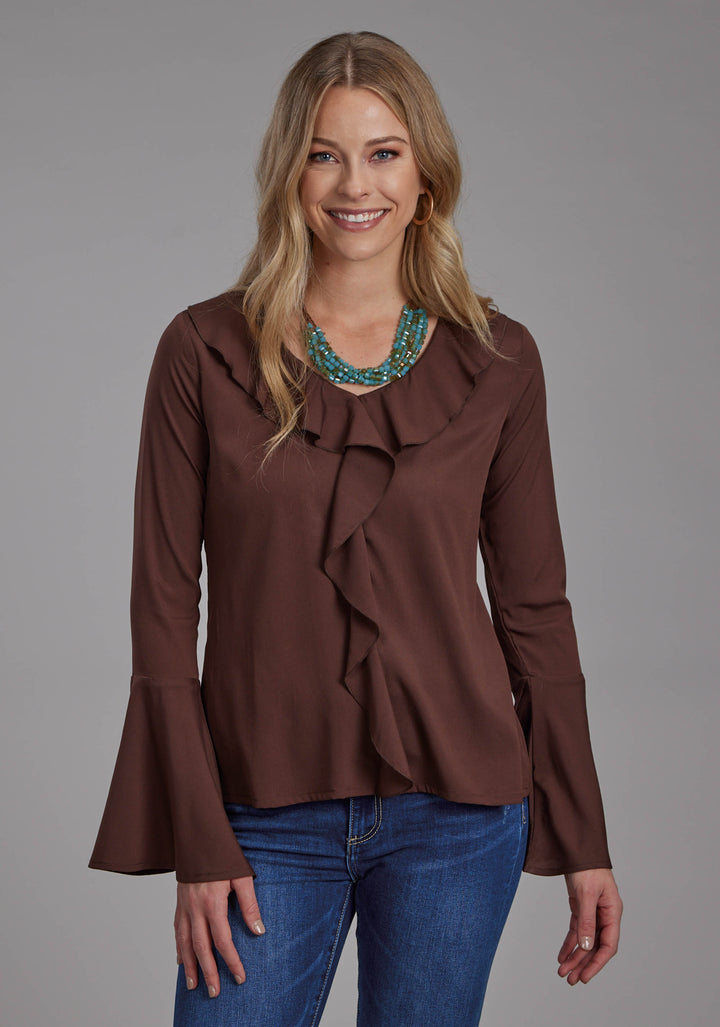WOMENS POLY CREPE PEASANT BLOUSE LONG SLEEVE PULLOVER WESTERN SHIRT