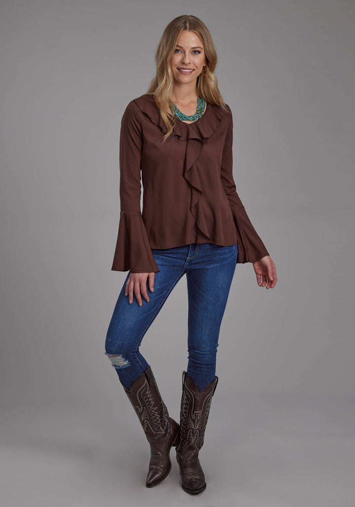 WOMENS POLY CREPE PEASANT BLOUSE LONG SLEEVE PULLOVER WESTERN SHIRT