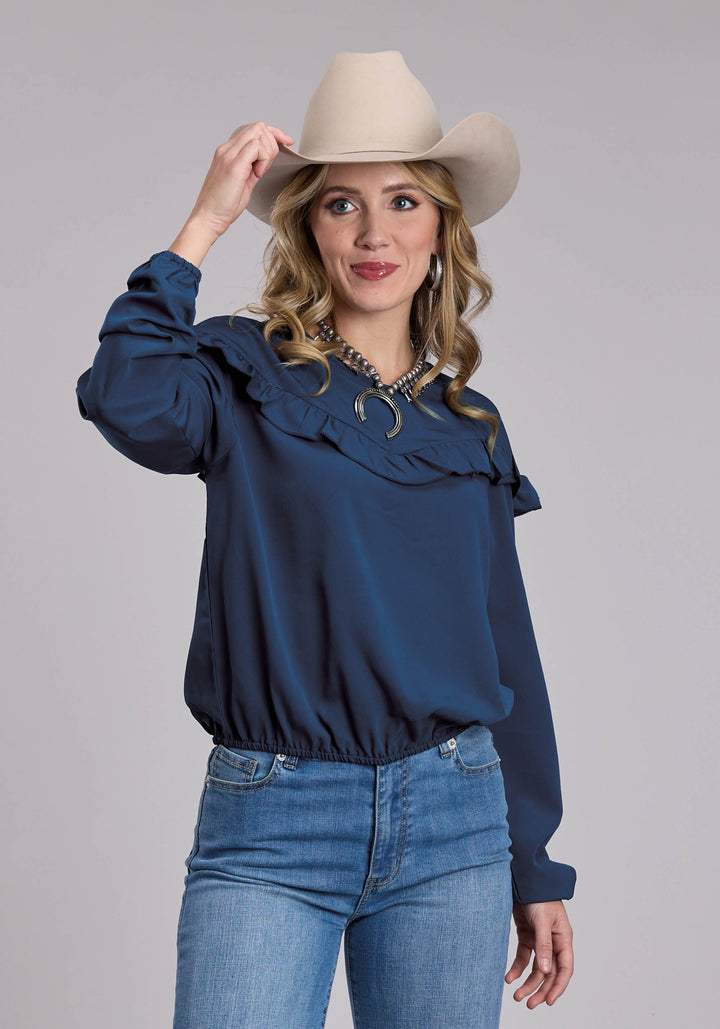 WOMENS ROPER NAVY V NECK WESTERN BLOUSE