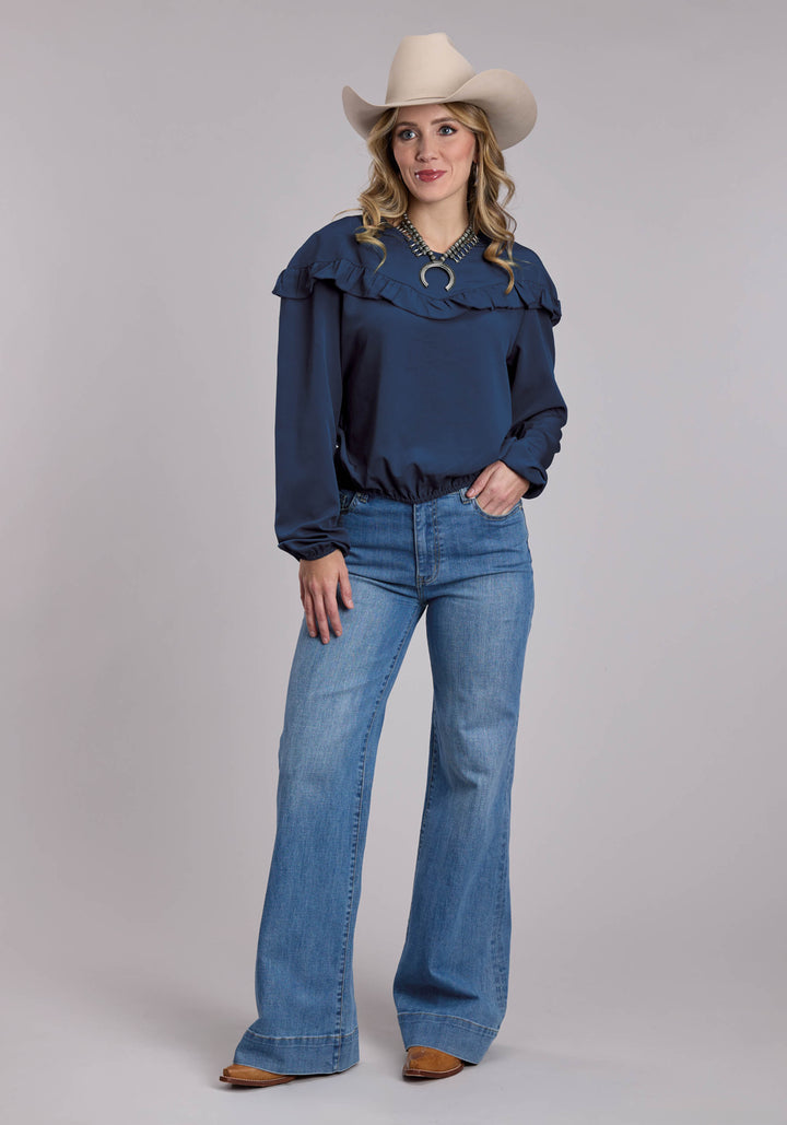 WOMENS ROPER NAVY V NECK WESTERN BLOUSE