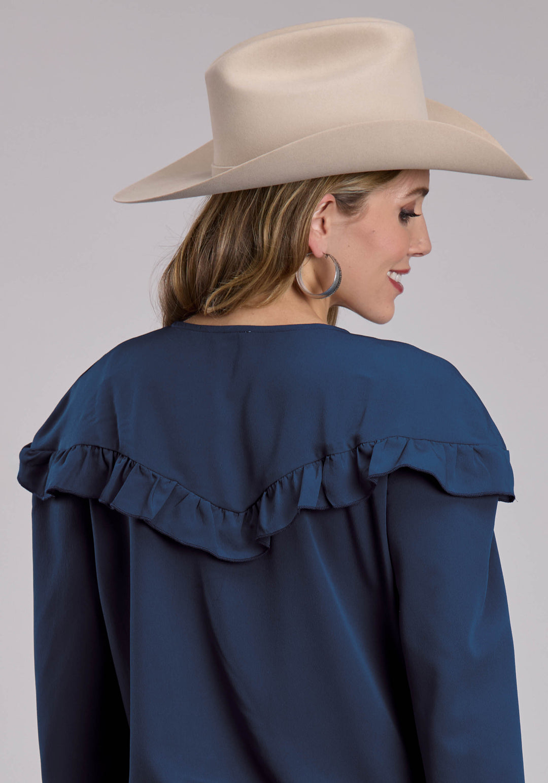 WOMENS ROPER NAVY V NECK WESTERN BLOUSE