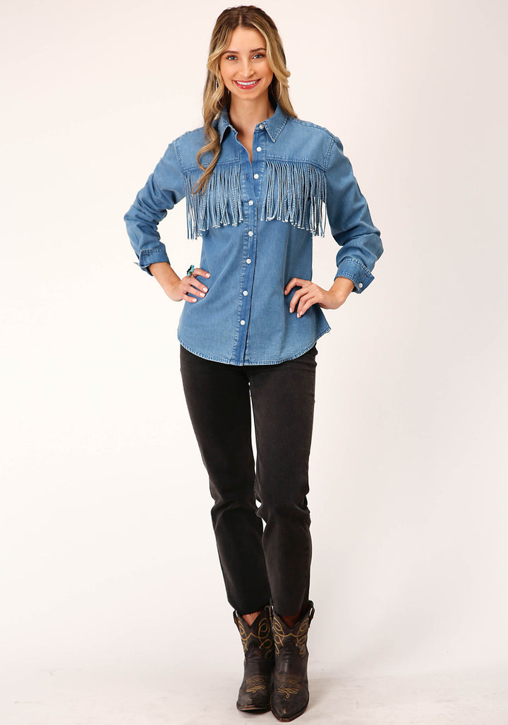 WOMENS LONG SLEEVE MEDIUM BLUE DENIM LONG SLEEVE  WSTN SHIRT BLOUSE