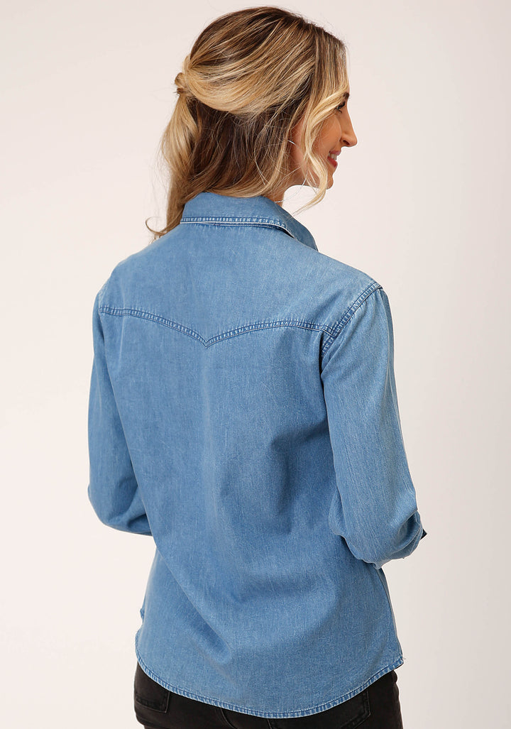 WOMENS LONG SLEEVE MEDIUM BLUE DENIM LONG SLEEVE  WSTN SHIRT BLOUSE