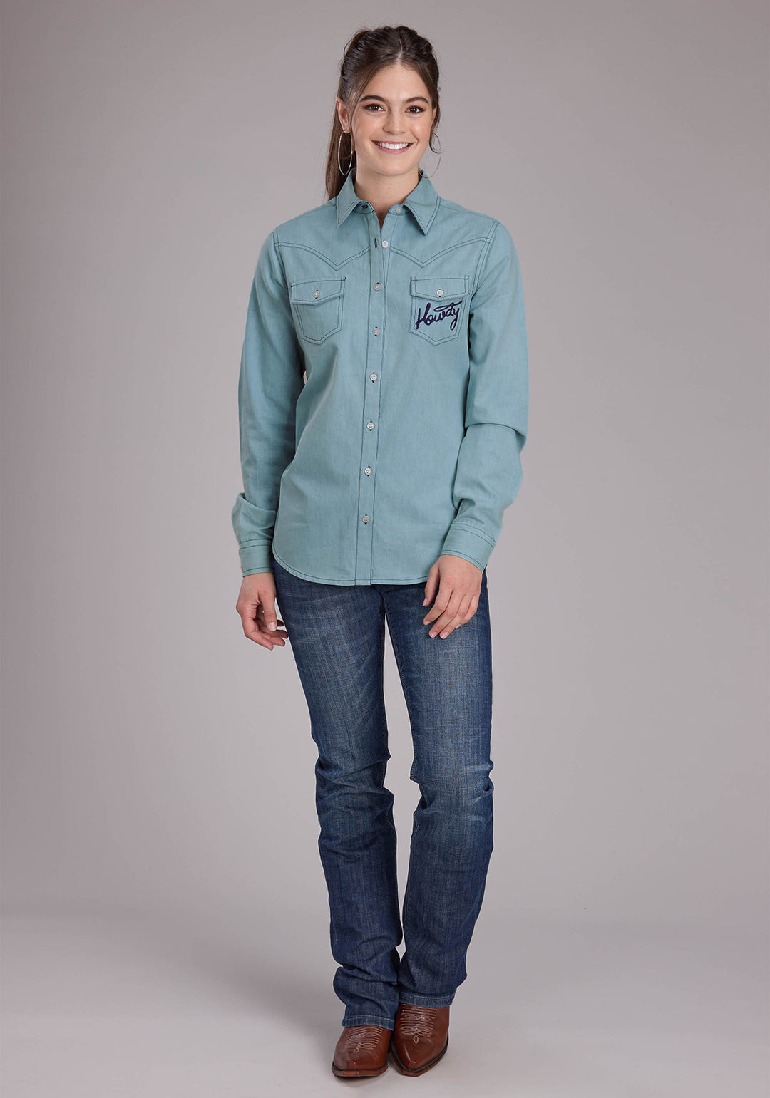 WOMENS LIGHT BLUE DENIM WESTERN BLOUSE LONG SLEEVE BUTTON WESTERN SHIRT