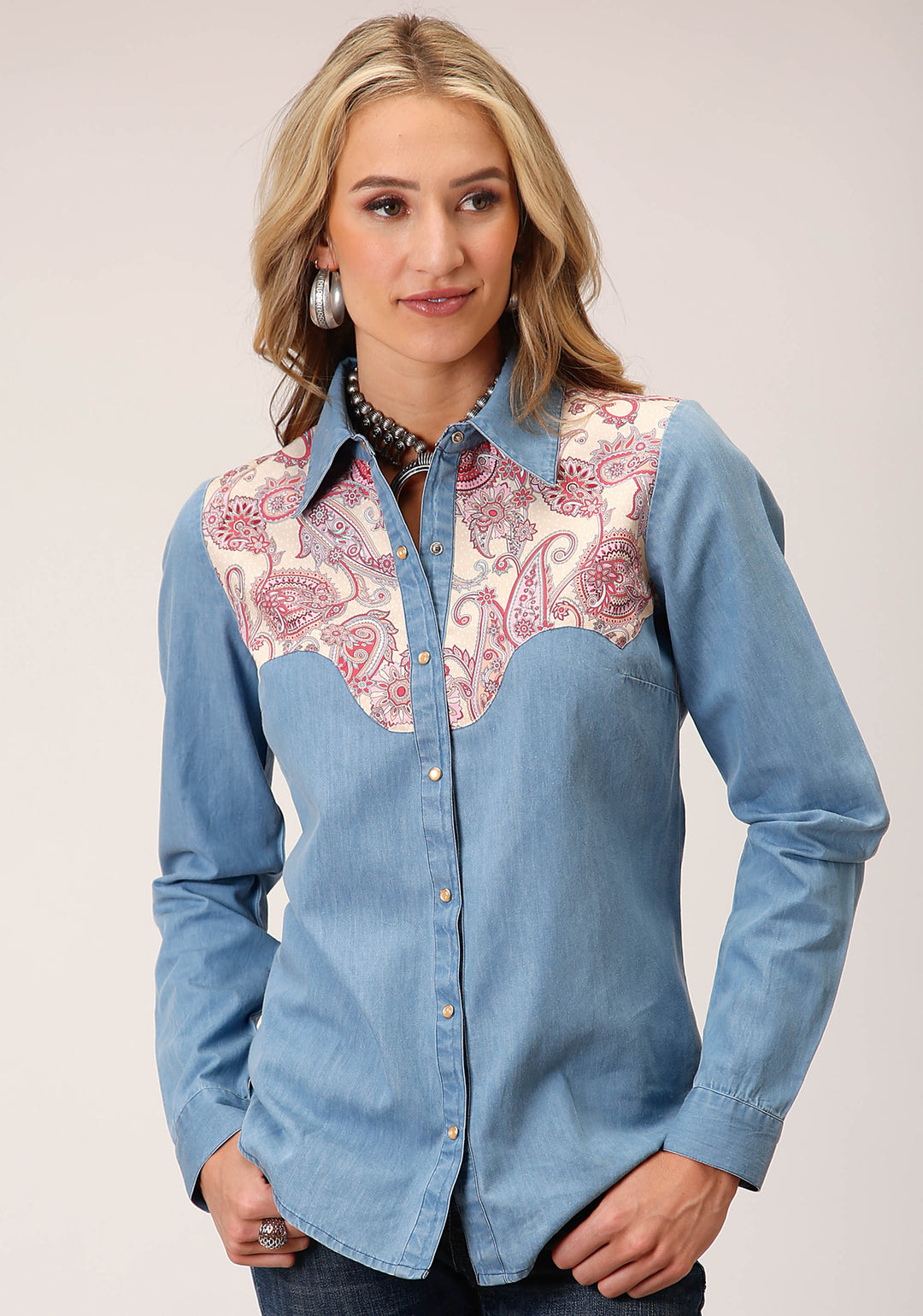WOMENS LONG SLEEVE SNAP DENIM RETRO SHIRT WESTERN SHIRT
