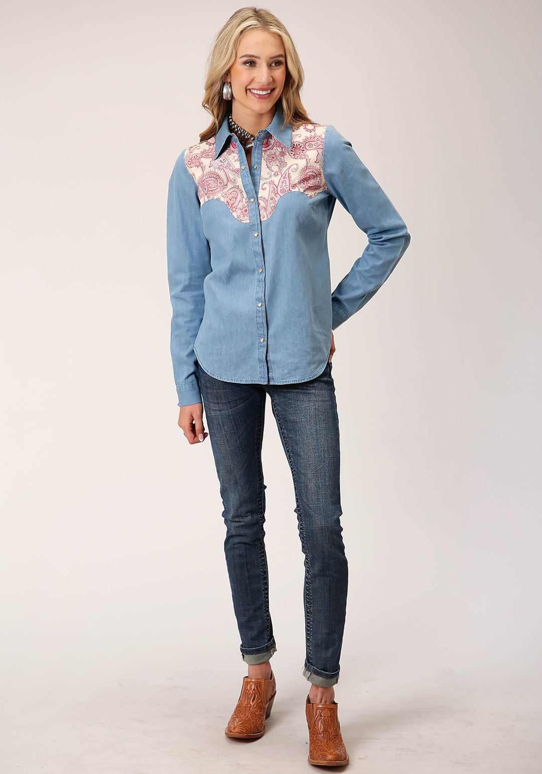 WOMENS LONG SLEEVE SNAP DENIM RETRO SHIRT WESTERN SHIRT