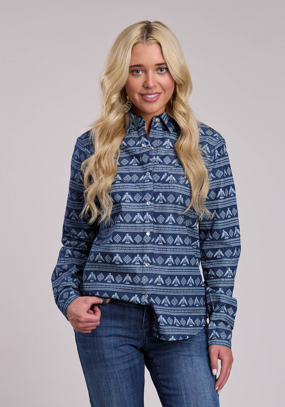 WOMENS ROPER PRINTED DENIM WESTERN BLOUSE
