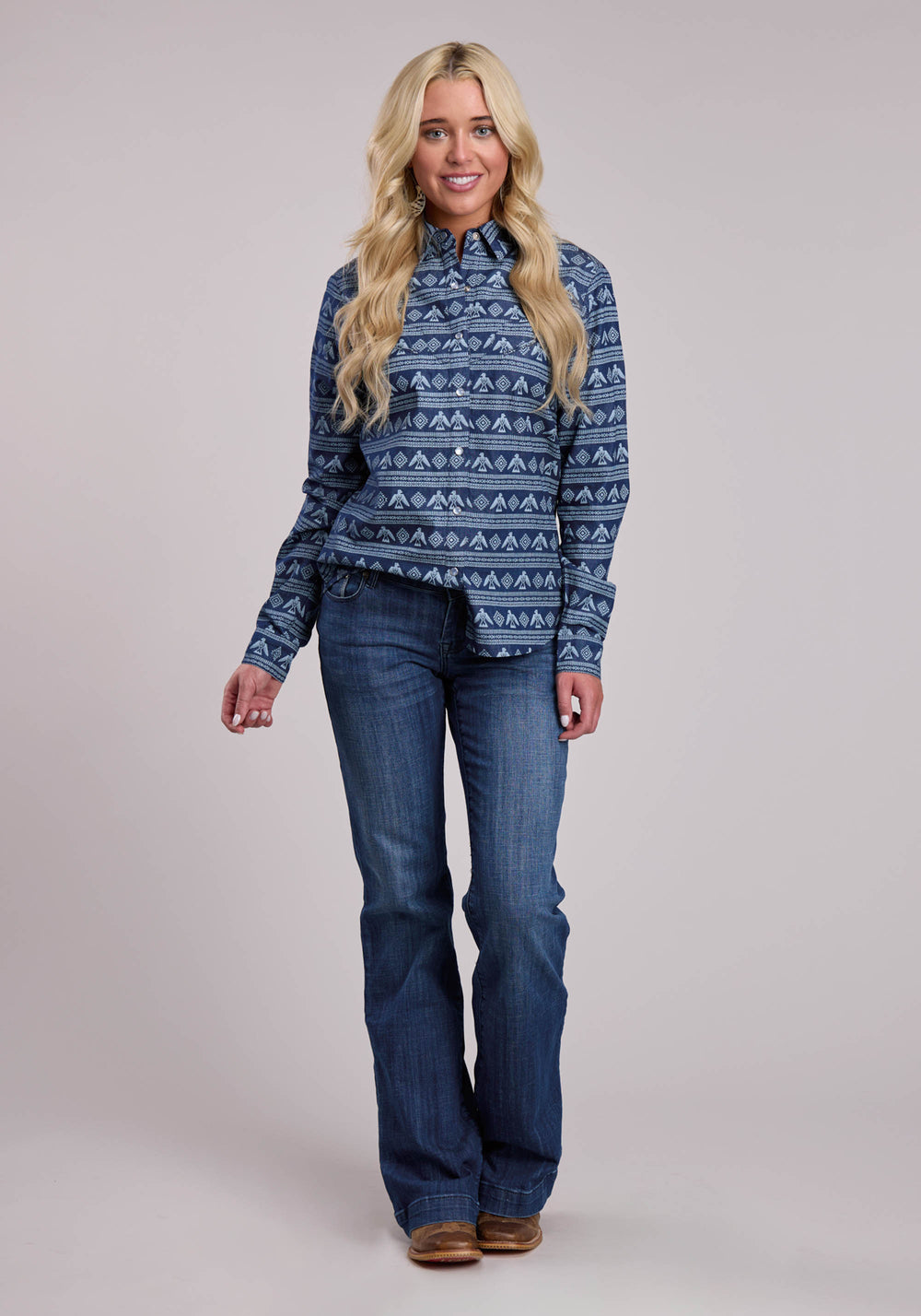 WOMENS ROPER PRINTED DENIM WESTERN BLOUSE