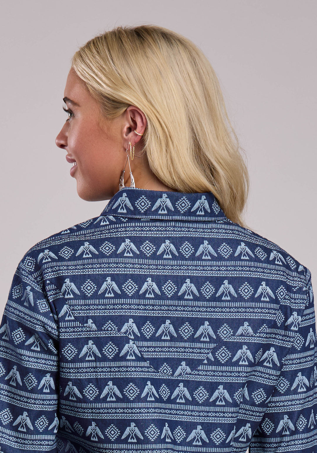 WOMENS ROPER PRINTED DENIM WESTERN BLOUSE