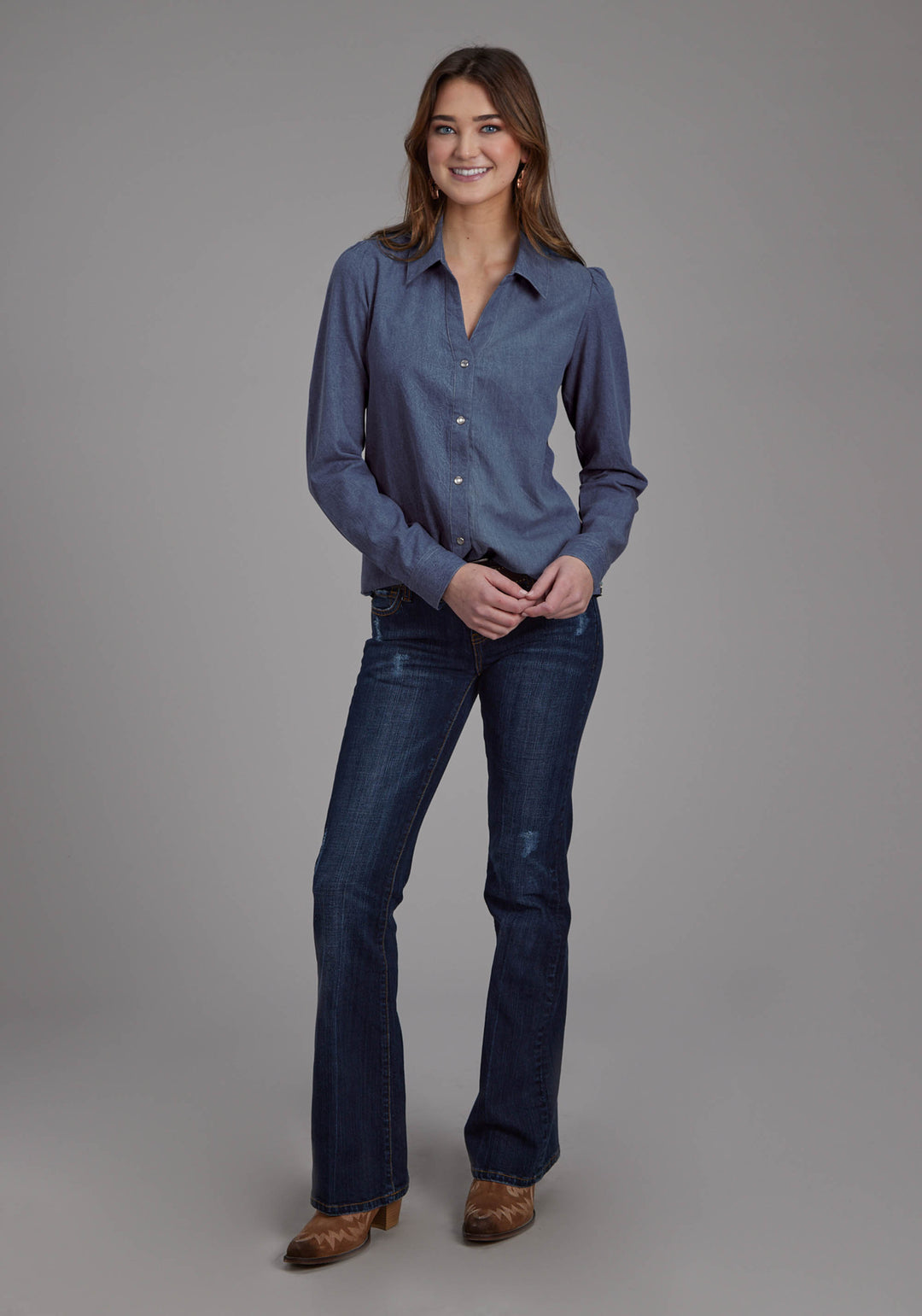 WOMENS MEDIUM DENIM BLUE WESTERN SHIRT LONG SLEEVE SNAP WESTERN SHIRT