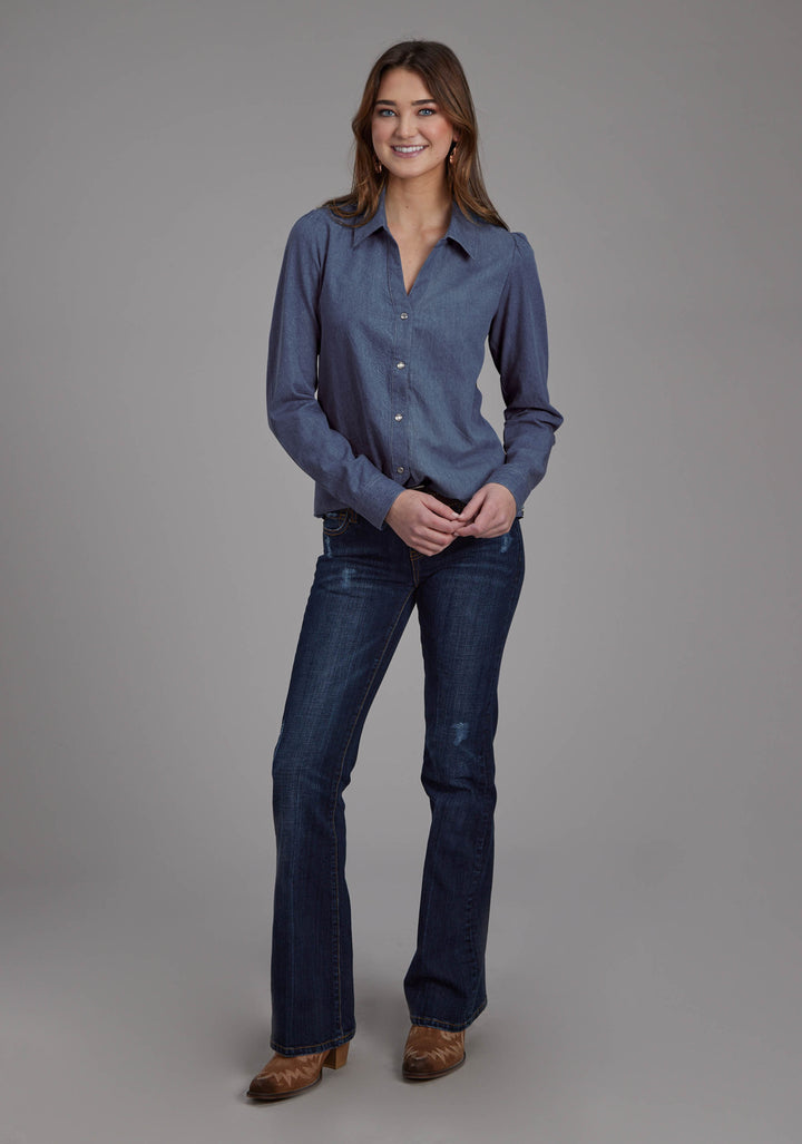 WOMENS MEDIUM DENIM BLUE WESTERN SHIRT LONG SLEEVE SNAP WESTERN SHIRT