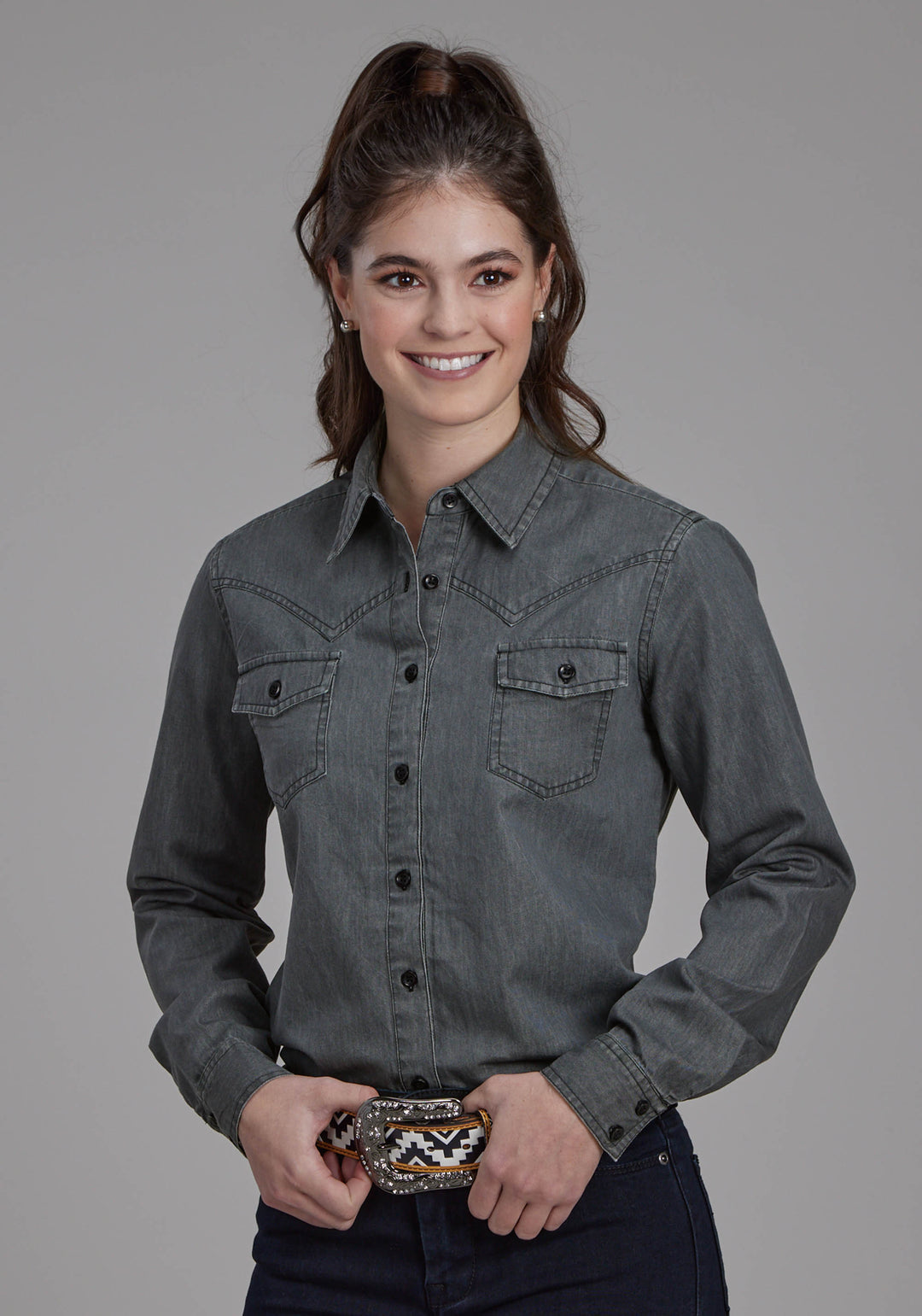 WOMENS BLACK DENIM LONG SLEEVE WESTERN BLOUSE LONG SLEEVE BUTTON WESTERN SHIRT