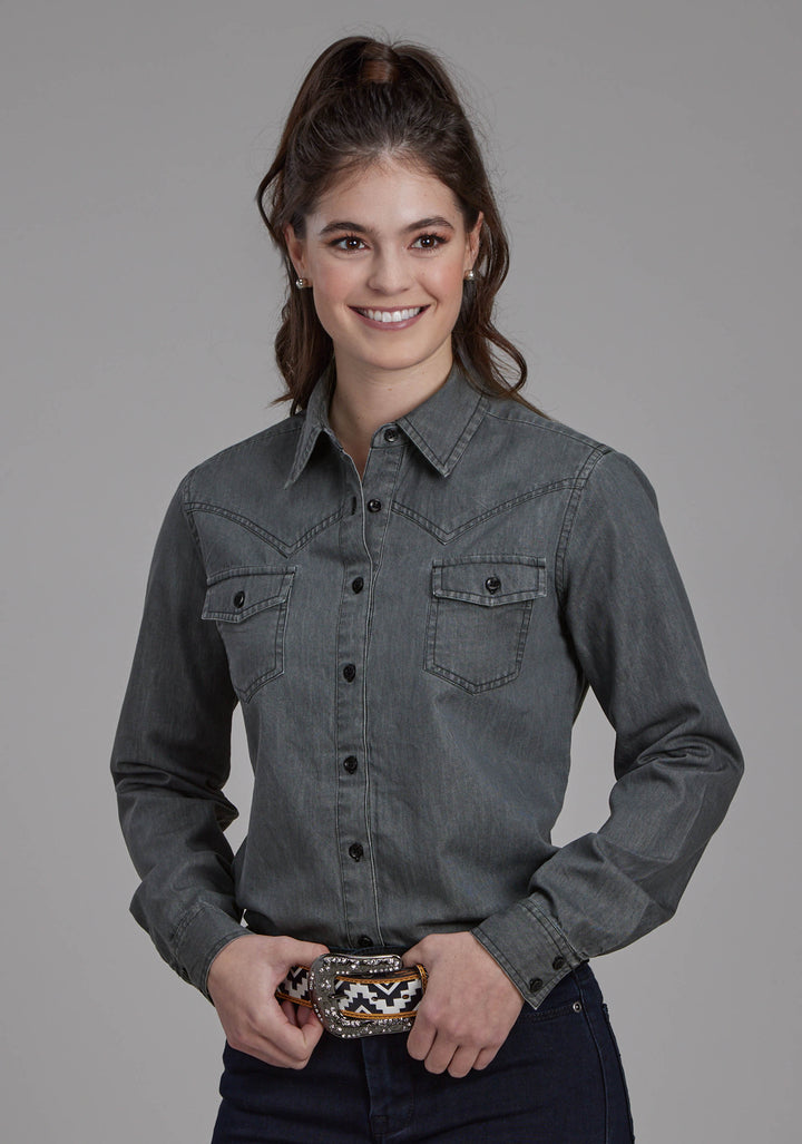 WOMENS BLACK DENIM LONG SLEEVE WESTERN BLOUSE LONG SLEEVE BUTTON WESTERN SHIRT