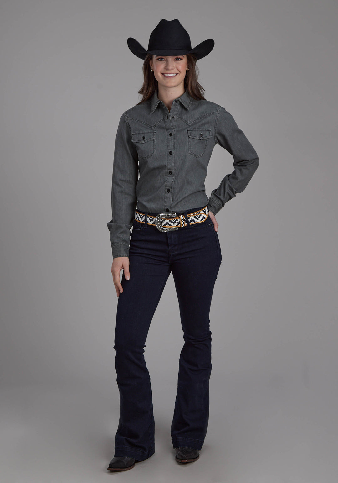 WOMENS BLACK DENIM LONG SLEEVE WESTERN BLOUSE LONG SLEEVE BUTTON WESTERN SHIRT