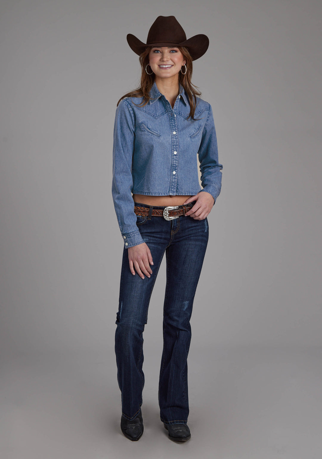 WOMENS MEDIUM BLUE DENIM LONG SLEEVE BUTTON WESTERN SHIRT