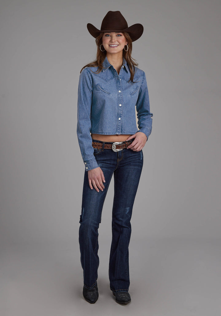 WOMENS MEDIUM BLUE DENIM LONG SLEEVE BUTTON WESTERN SHIRT