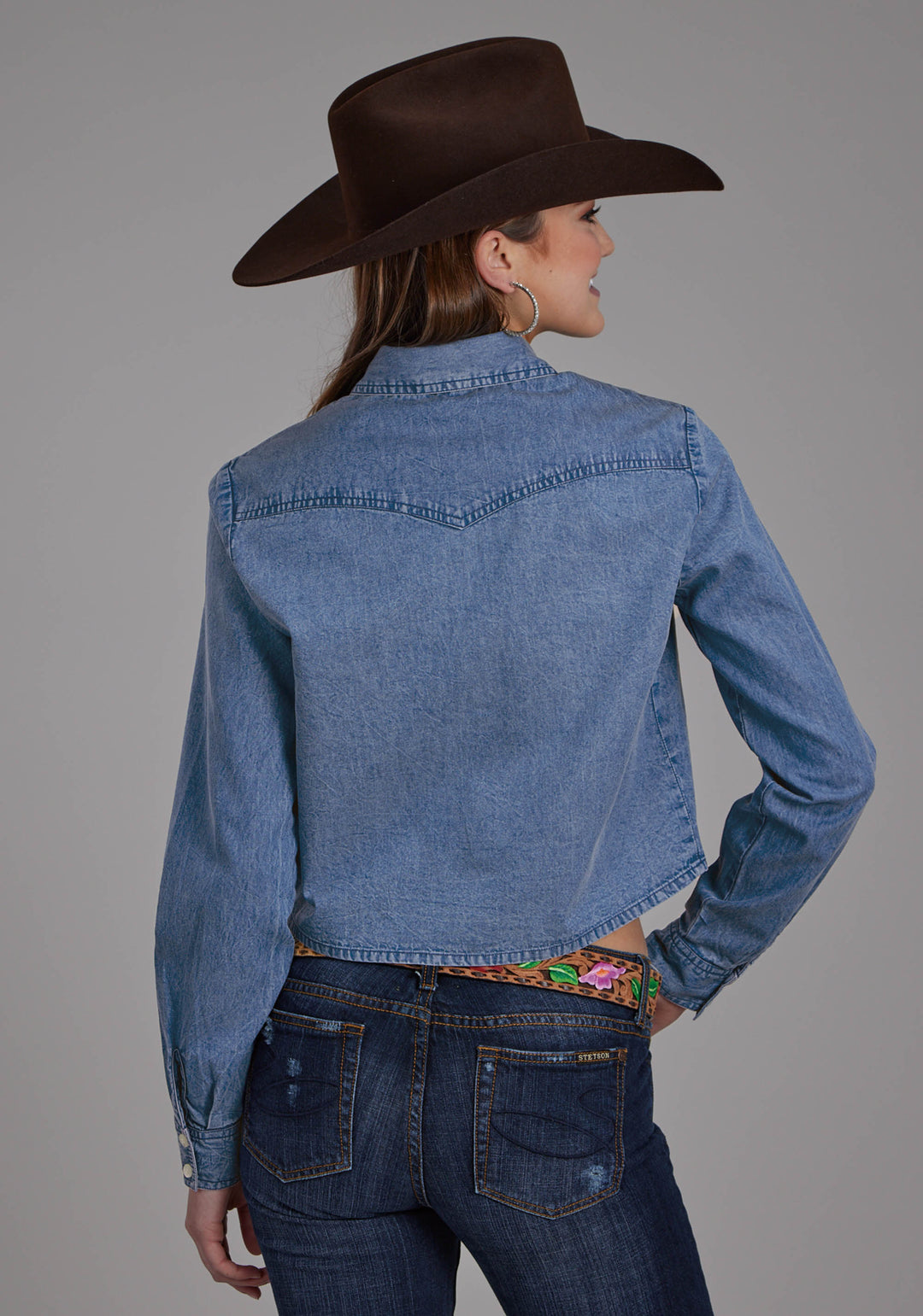 WOMENS MEDIUM BLUE DENIM LONG SLEEVE BUTTON WESTERN SHIRT