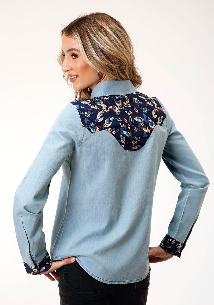 WOMENS LONG SLEEVE SNAP LIGHT BLUE DENIM RETRO SHIRT WESTERN SHIRT