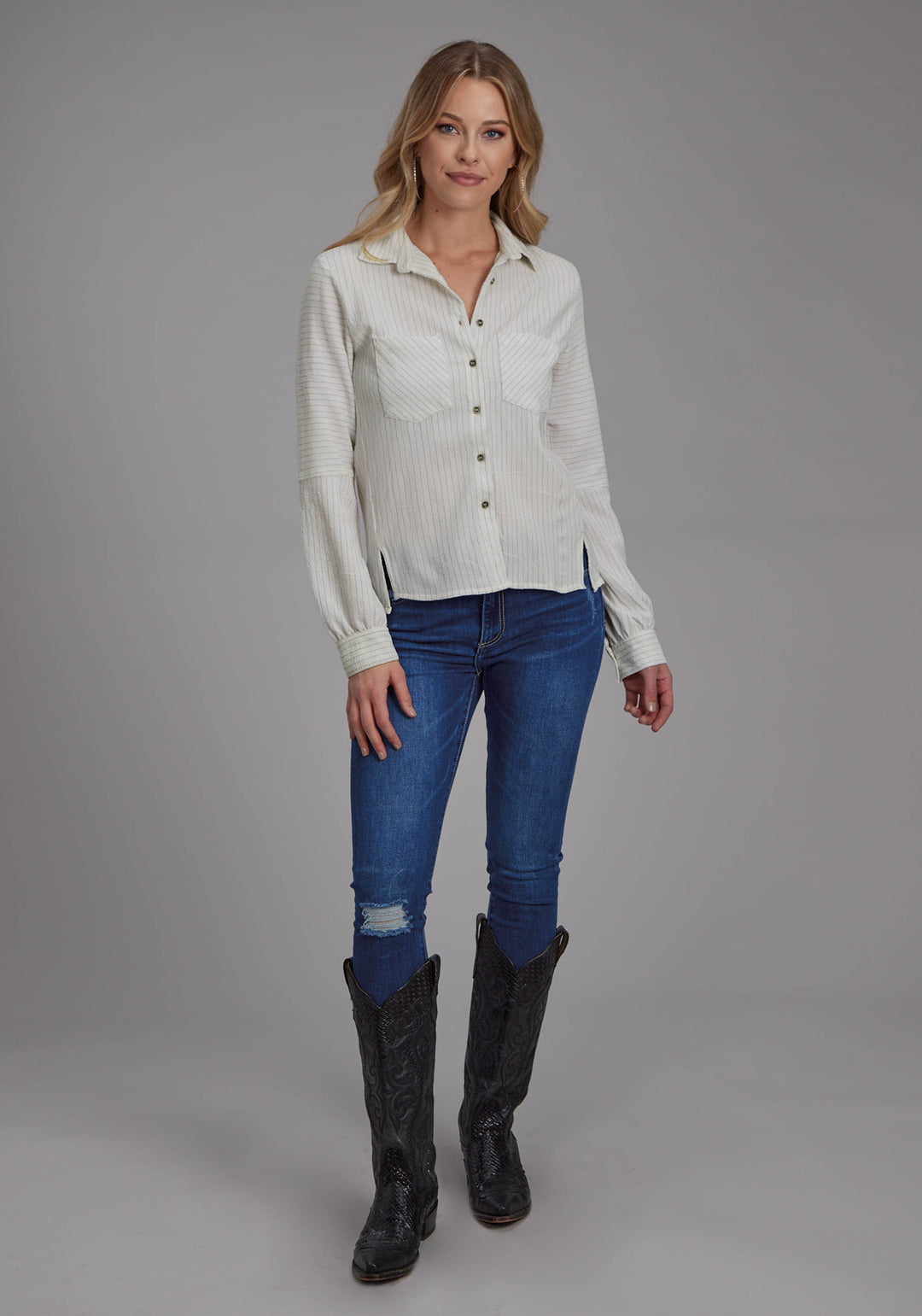 WOMENS POLY SPANDEX MOSS STRIPE LONG SLEEVE BUTTON WESTERN SHIRT