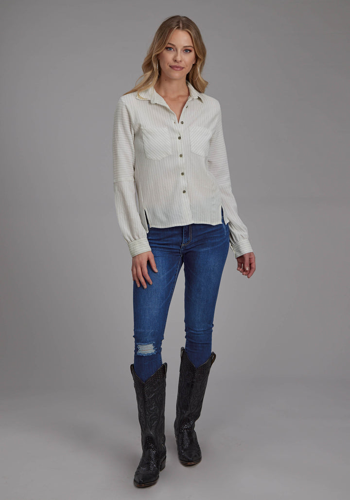 WOMENS POLY SPANDEX MOSS STRIPE LONG SLEEVE BUTTON WESTERN SHIRT