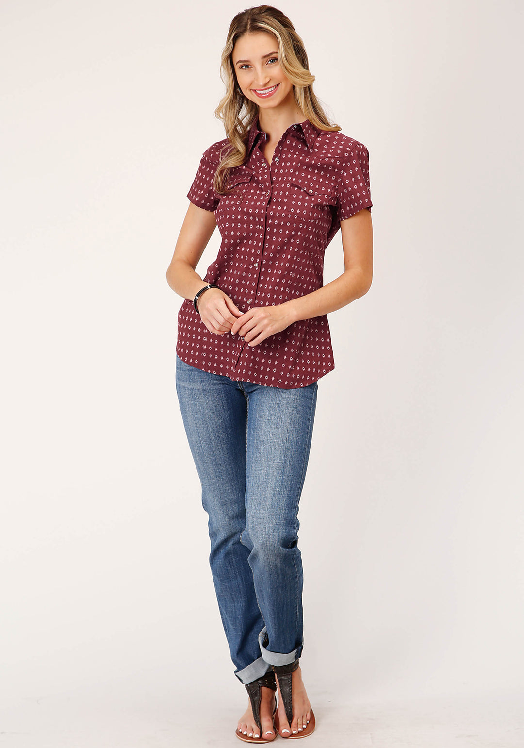 WOMENS LONG SLEEVE SNAP TEXTURE DIAMOND PRINT WESTERN SHIRT