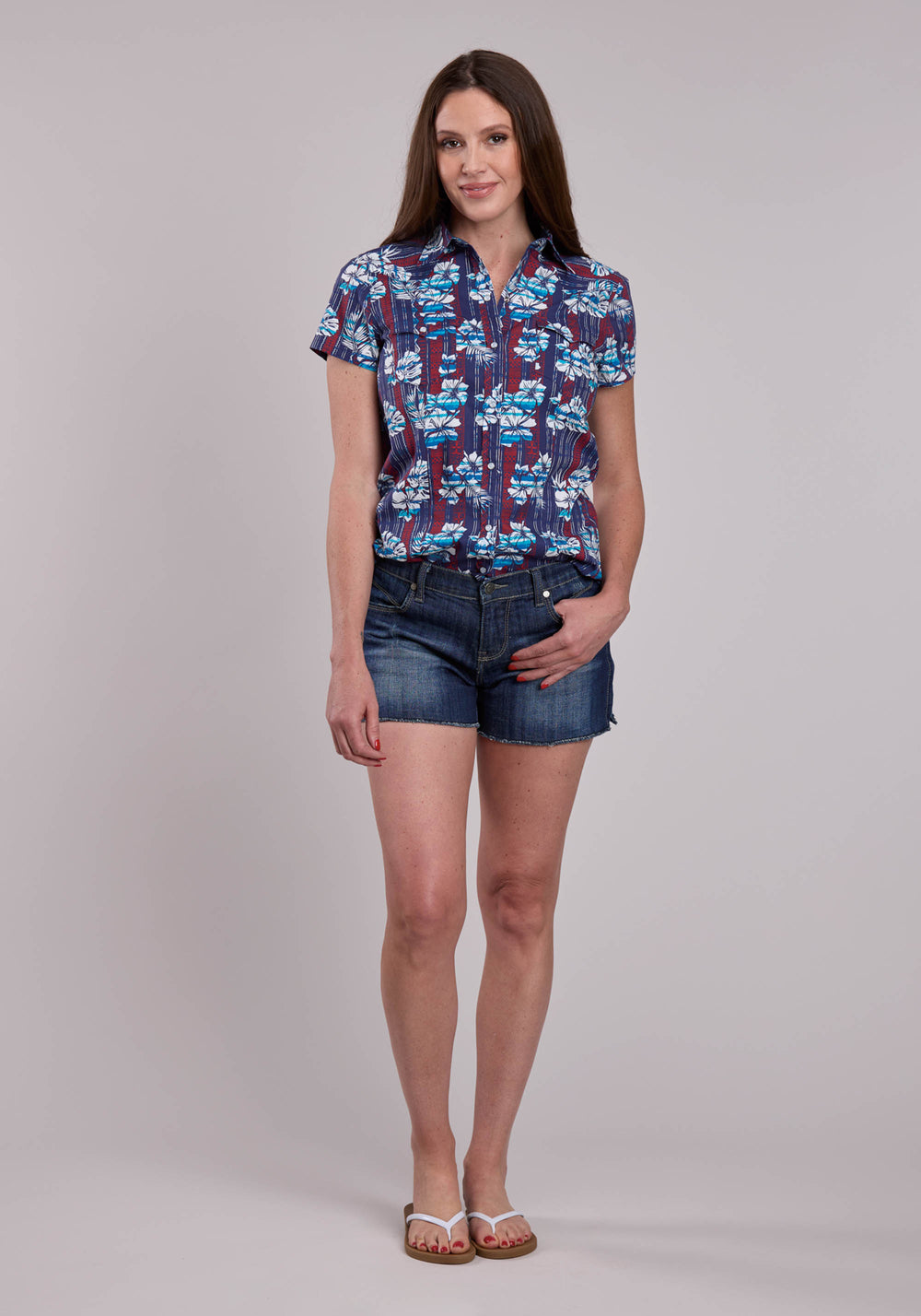WOMENS ROPER DISTRESSED TROPICAL AZTEC PRINT SHORT SLEEVE SNAP SHIRT