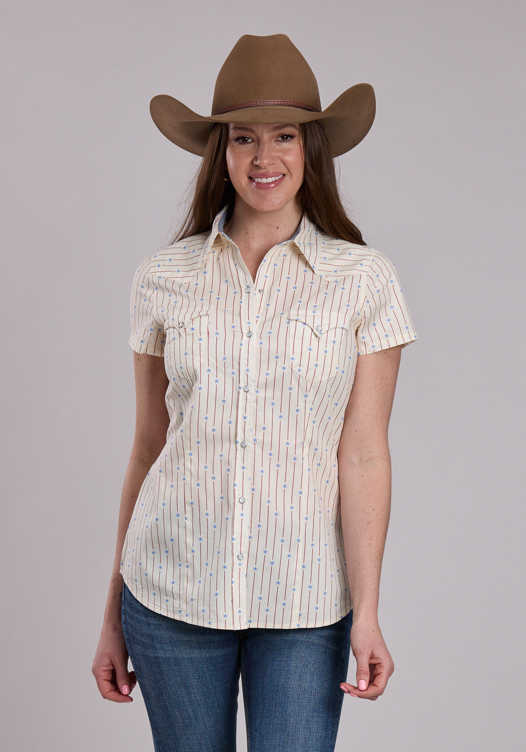 WOMENS ROPER STARS AND STRIPES PRINT SHORT SLEEVE SNAP SHIRT