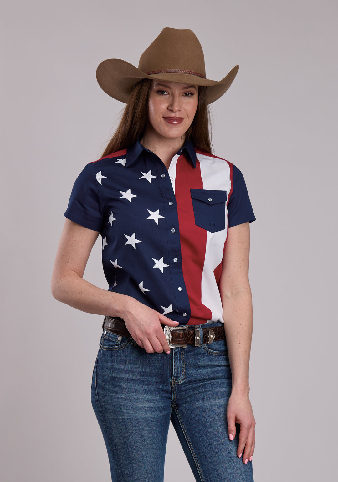 WOMENS ROPER VERTICAL STARS AND STRIPE PRINT WESTERN SNAP SHIRT