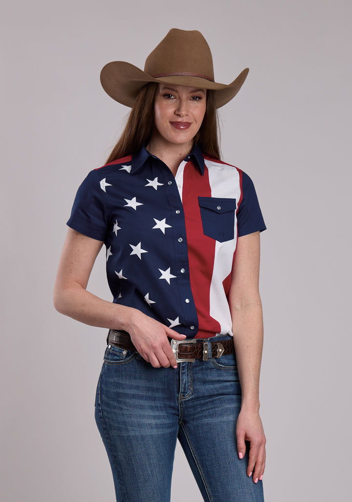 WOMENS ROPER VERTICAL STARS AND STRIPE PRINT WESTERN SNAP SHIRT