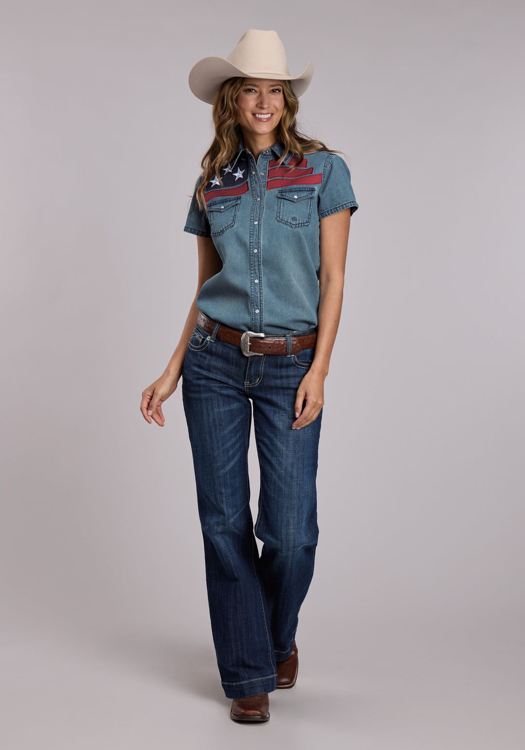 WOMENS ROPER MEDIUM BLUE DENIM SHORT SLEEVE SNAP SHIRT