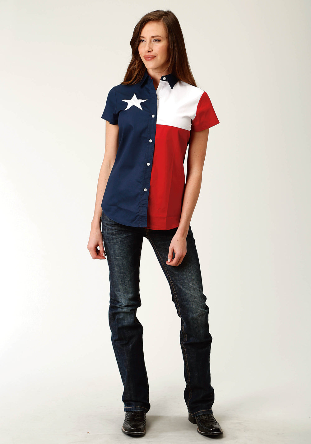 WOMENS RED WHITE AND BLUE PIECED TEXAS FLAG SHORT SLEEVE WESTERN SNAP SHIRT