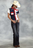 WOMENS RED WHITE AND BLUE COLORBLOCKED PIECED SHORT SLEEVE WESTERN SNAP SHIRT