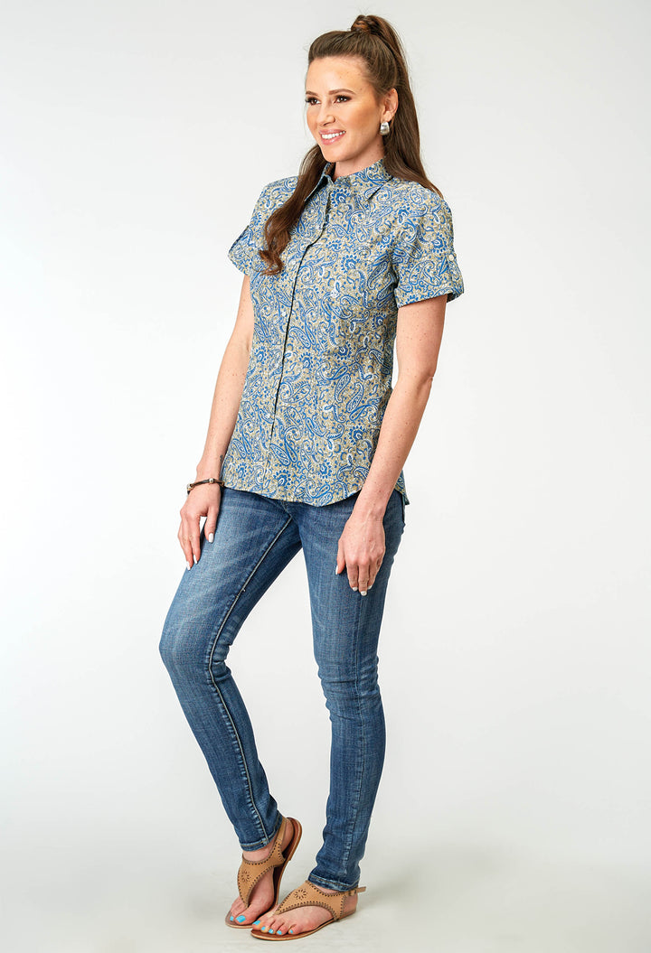 WOMENS SHORT SLEEVE SNAP DELFT PAISLEY WESTERN SHIRT