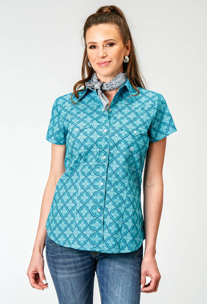 WOMENS SHORT SLEEVE SNAP LAKE MEDALLION WESTERN SHIRT