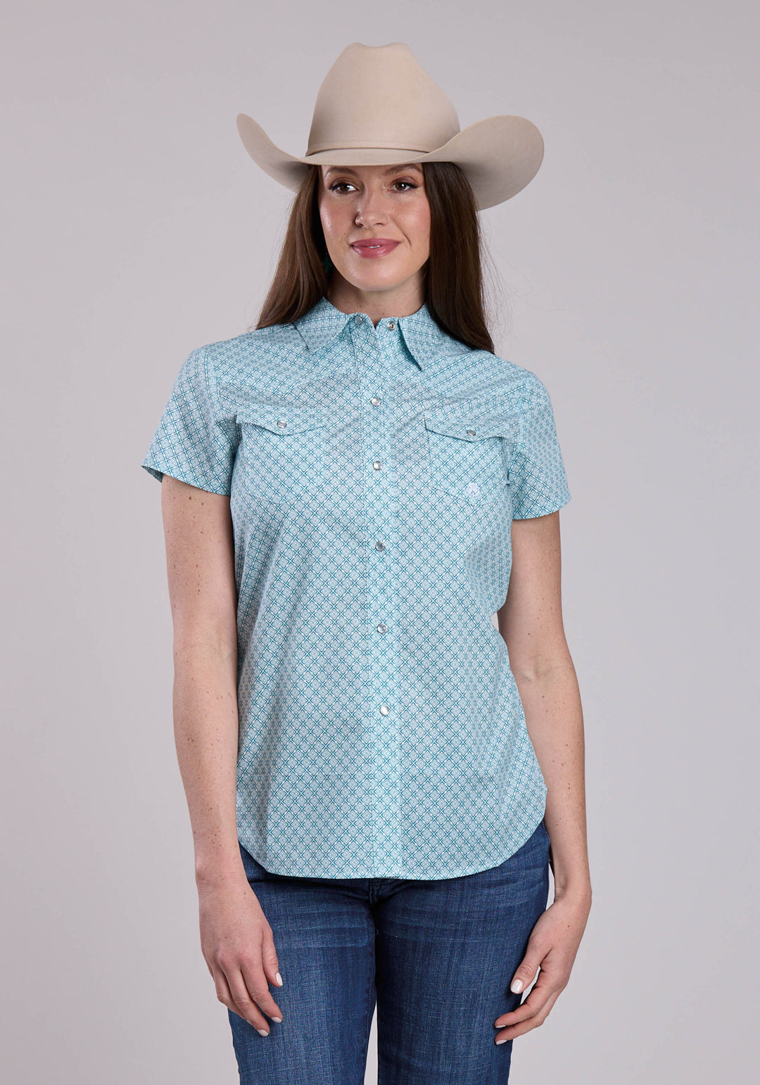 WOMENS ROPER STRETCH FOUR POINT FOULARD TEAL SHORT SLEEVE SNAP SHIRT