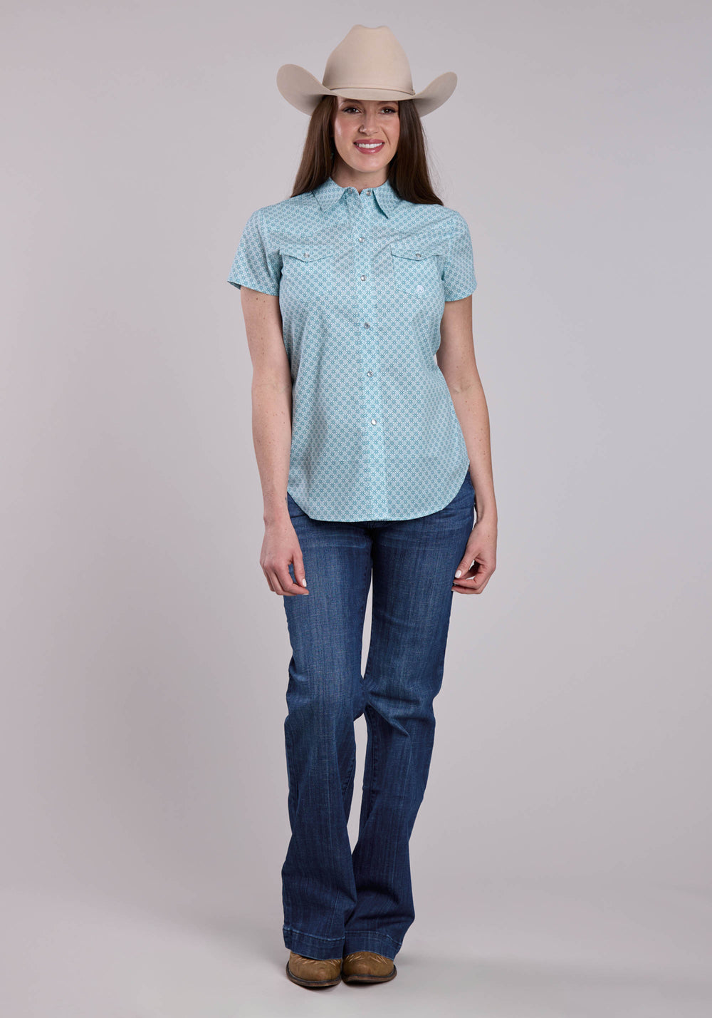 WOMENS ROPER STRETCH FOUR POINT FOULARD TEAL SHORT SLEEVE SNAP SHIRT