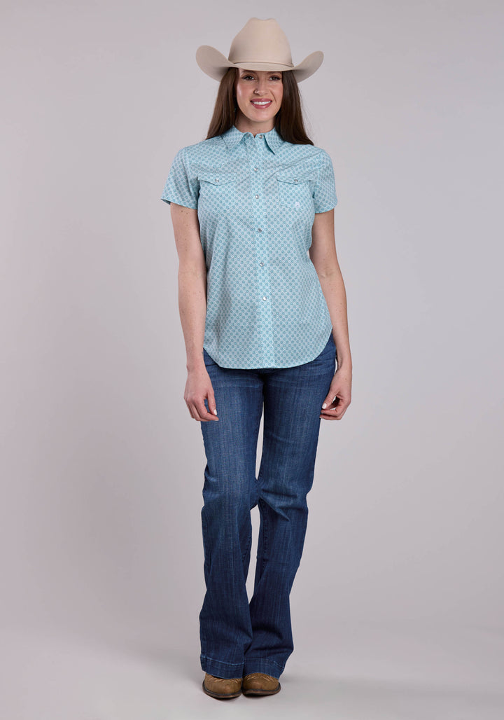 WOMENS ROPER STRETCH FOUR POINT FOULARD TEAL SHORT SLEEVE SNAP SHIRT