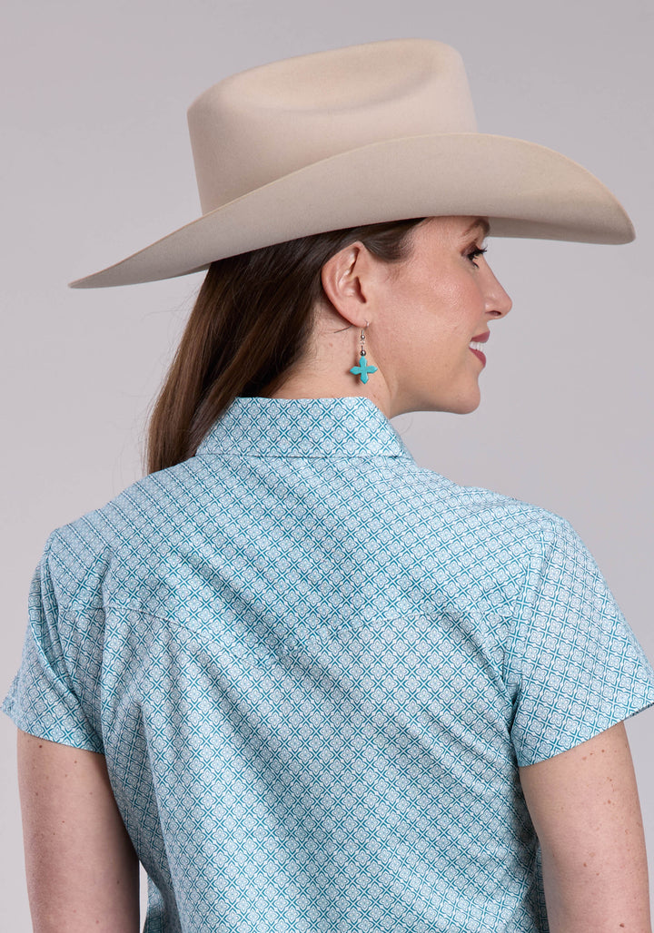 WOMENS ROPER STRETCH FOUR POINT FOULARD TEAL SHORT SLEEVE SNAP SHIRT