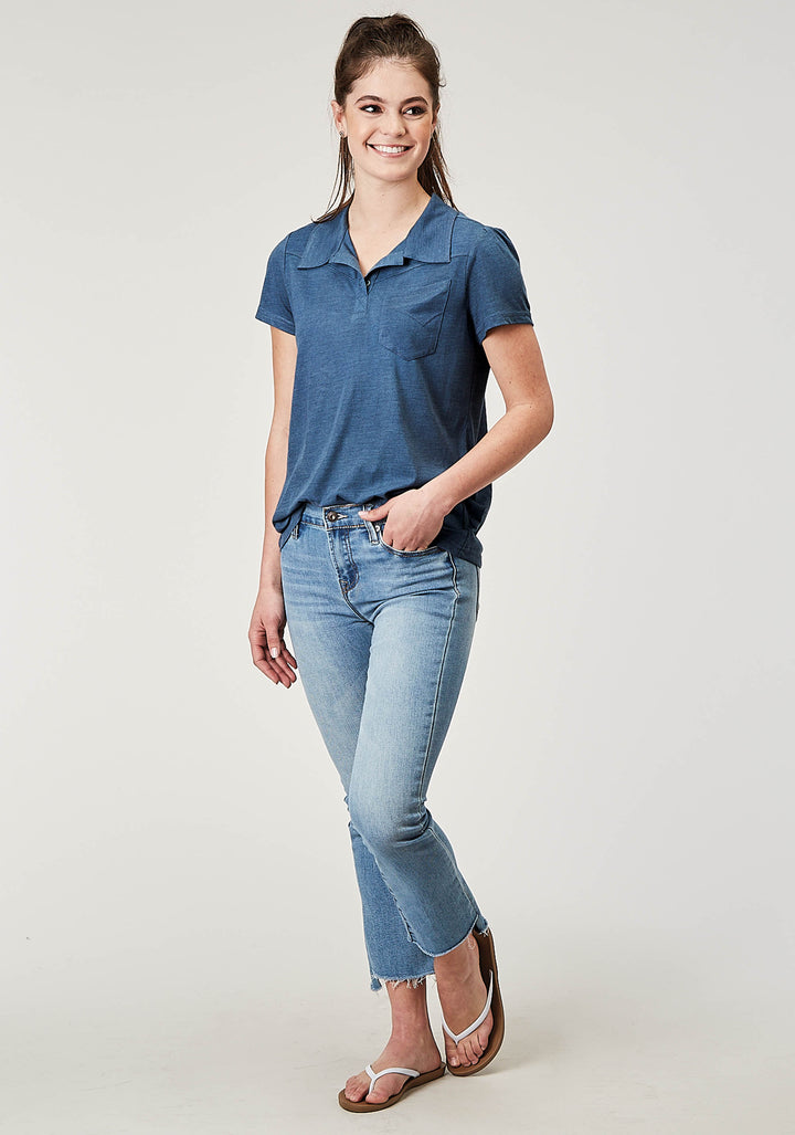 WOMENS SHORT SLEEVE BUTTON NAVY BLUE POLY RAYON SHORT SLEEVE POLO WESTERN SHIRT WITH CURVED FRONT AND BACK YOKES 1 OPEN POCKET