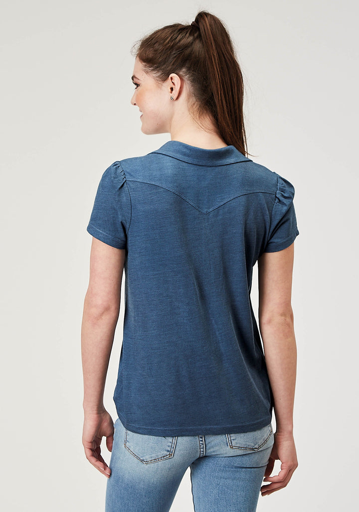 WOMENS SHORT SLEEVE BUTTON NAVY BLUE POLY RAYON SHORT SLEEVE POLO WESTERN SHIRT WITH CURVED FRONT AND BACK YOKES 1 OPEN POCKET
