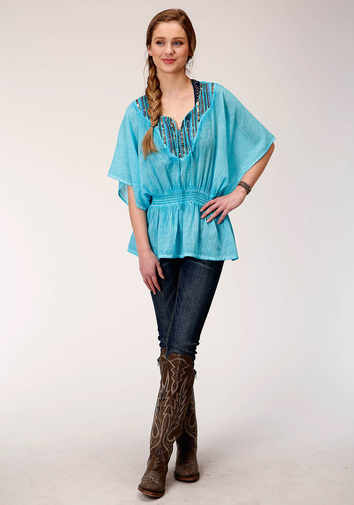 WOMENS SHORT SLEEVE COTTON CREPE EMB  BLOUSE