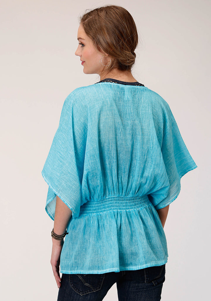 WOMENS SHORT SLEEVE COTTON CREPE EMB  BLOUSE
