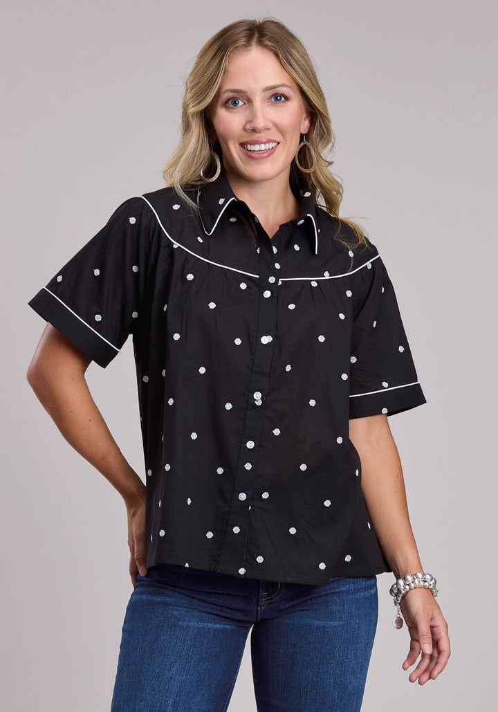 WOMENS ROPER BLACK CAMBRIC WITH WHITE POLKA DOT EMBROIDERY SHORT SLEEVE BUTTON SHIRT