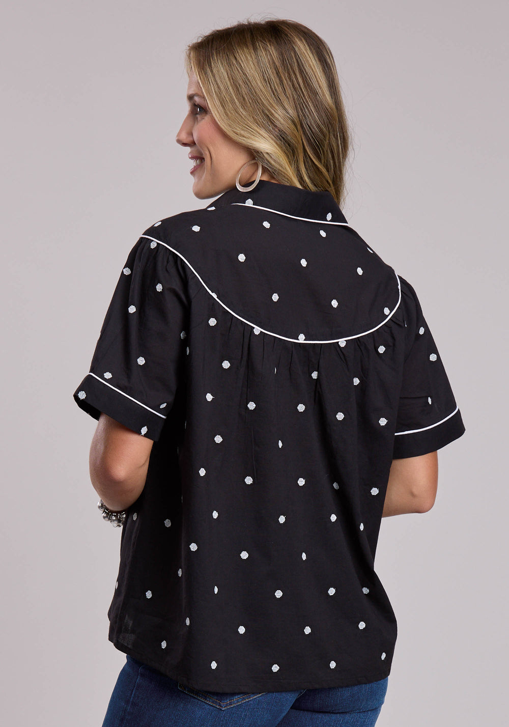 WOMENS ROPER BLACK CAMBRIC WITH WHITE POLKA DOT EMBROIDERY SHORT SLEEVE BUTTON SHIRT