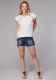 WOMENS SHORT SLEEVE PULLOVER COTTON RAYON FLEX SHORT SLEEVE PEASANT TOP WITH FLUTTER RAGLAN SLEEVES EMBROIDERY